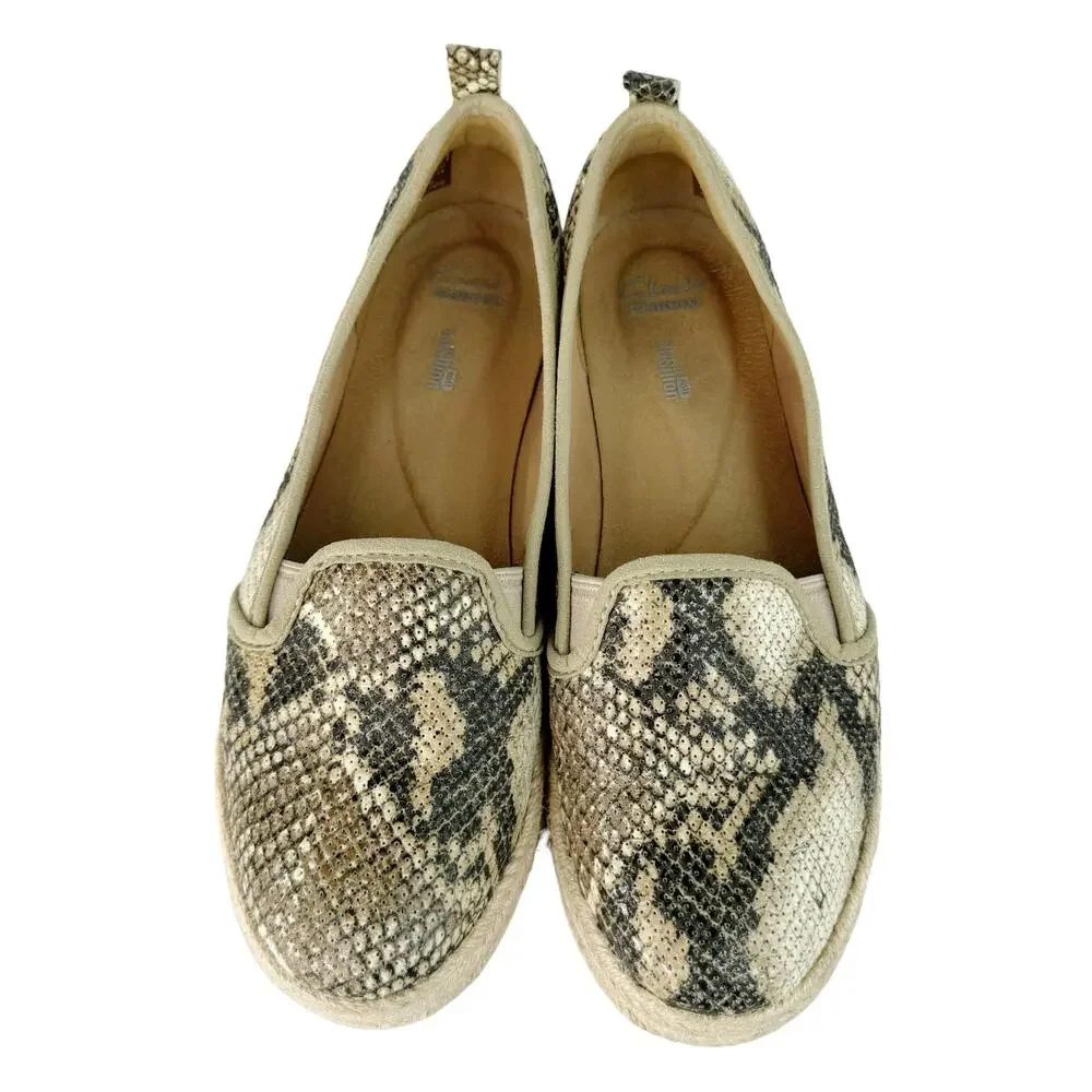 Clarks Azella Theoni Leather Slip-On Snakeskin Animal Print Flats Brown Tan 9